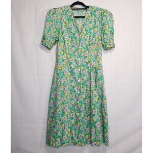 Vintage 1980s? button front day dress green floral sz S/M cotton puffed sleeves